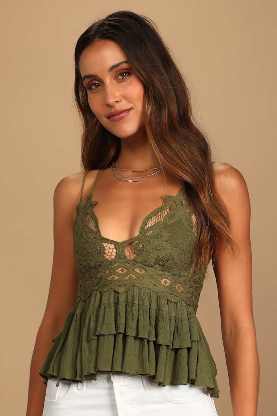 Free People Adella Cami Olive Sparrow Green Lace Boho Ruffle Whimsical Festival